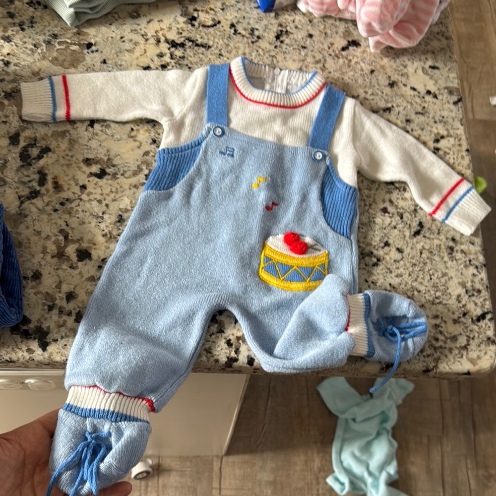 VINTAGE Baby Blue Knit Overalls with Drum Design